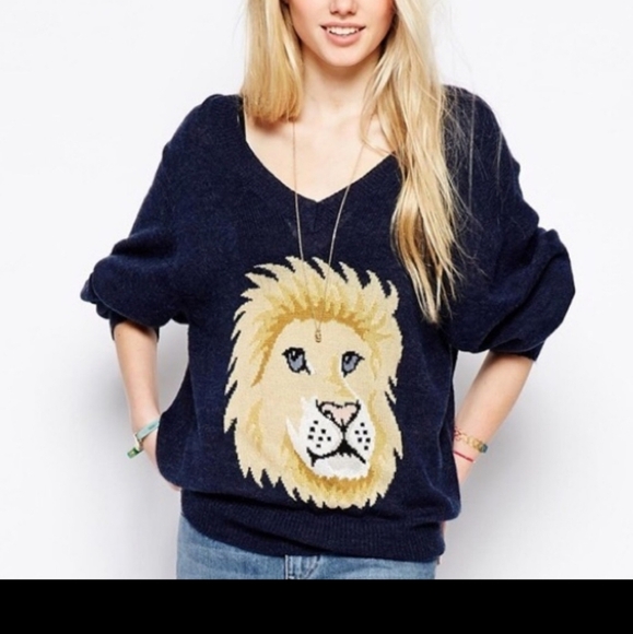 Wildfox oversized wool-blend blue lion lightweight knit sweater XS - Picture 5 of 16